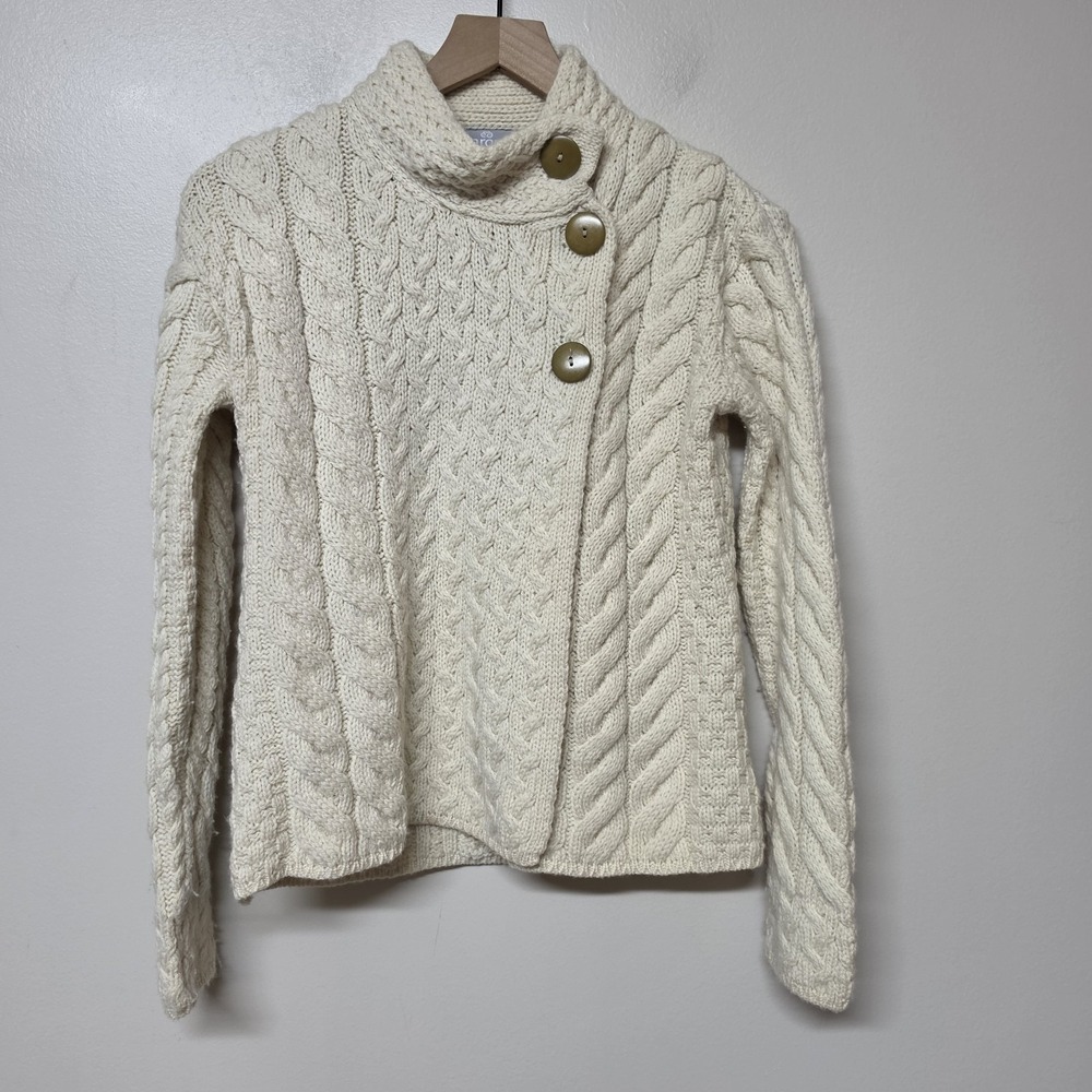 Aran Woollen Mills Louisburgh Cable Knit Wool Cardigan Oatmeal Size S